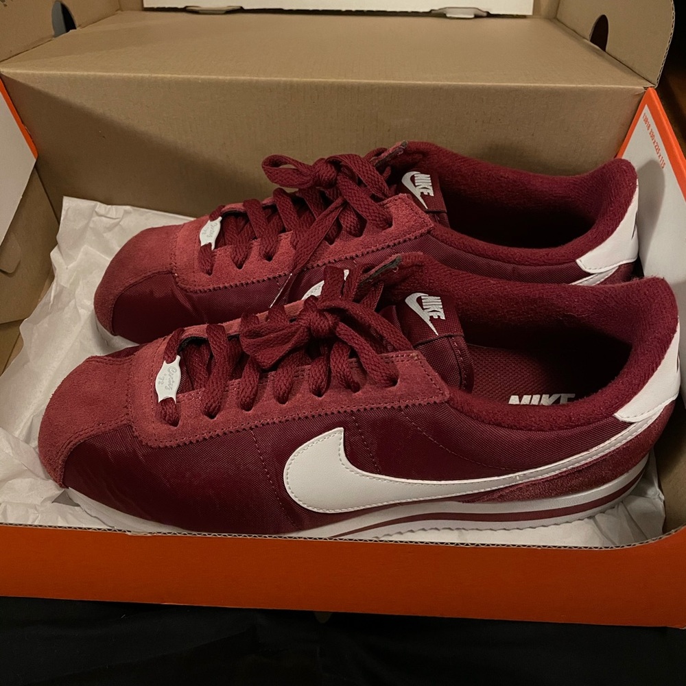 Red and white Cortez nylon nike shoes